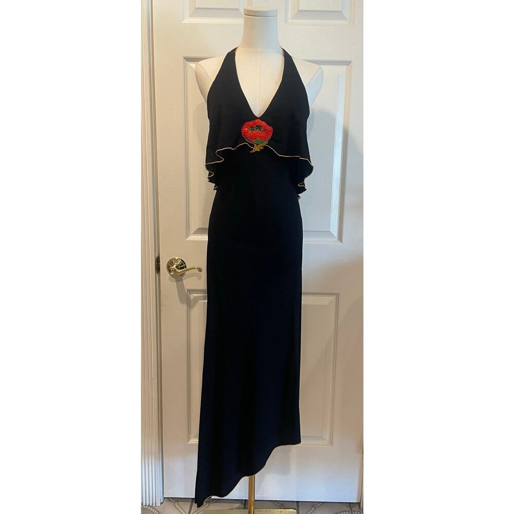 Vtg 70s Halter Maxi Dress Black Red Poppy Flower Embroidered Handkerchief Hem 9